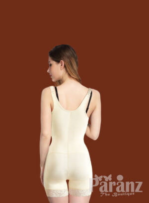 Mid Thigh Body Suit With Lace & Front Zipper Closure off White back side view