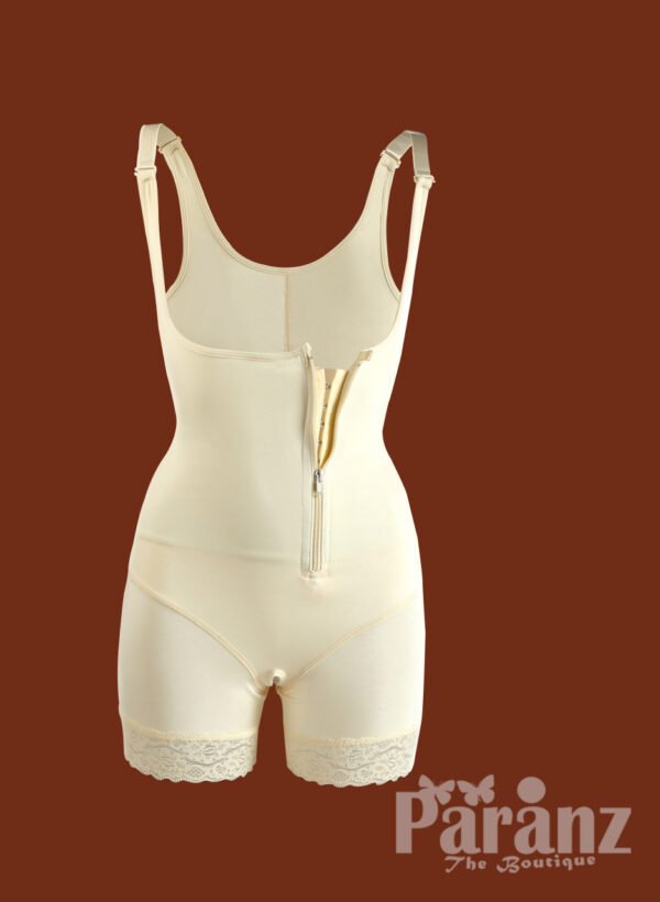Mid Thigh Body Suit With Lace & Front Zipper Closure off White raw view (2)