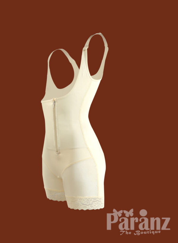 Mid Thigh Body Suit With Lace & Front Zipper Closure off White raw view (3)