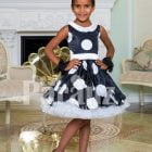Navy blue tea length tulle skirt sleeveless party dress with white ball print all over