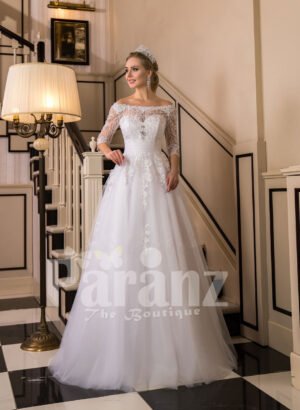 Off-shoulder pearl white floor length flared wedding tulle gown