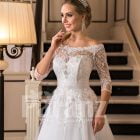 Off-shoulder pearl white floor length flared wedding tulle gown for women