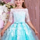 Off-shoulder rich white lace work mint blue floor length tulle skirt gown