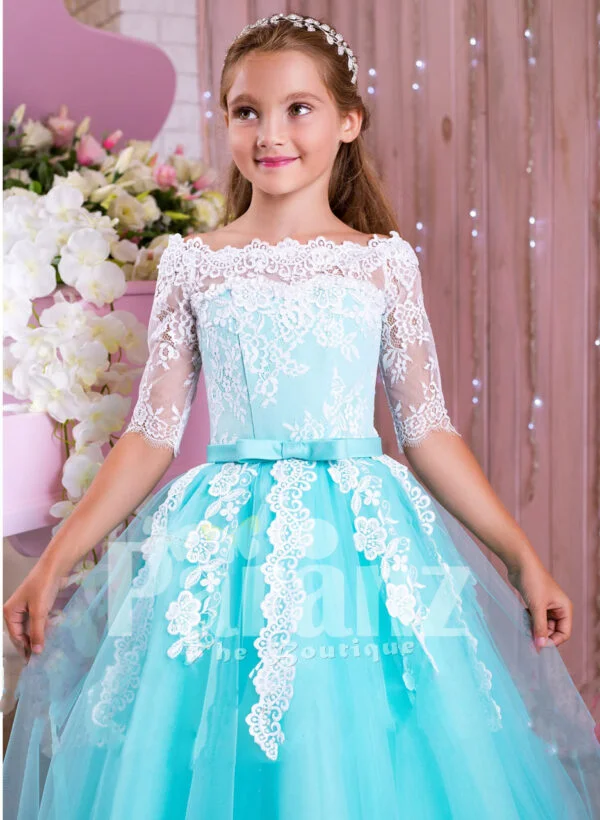 Off-shoulder rich white lace work mint blue floor length tulle skirt gown