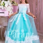 Off-shoulder rich white lace work mint blue floor length tulle skirt gown for girls