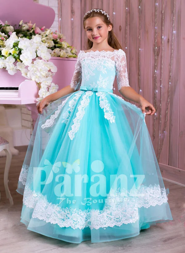 Off-shoulder rich white lace work mint blue floor length tulle skirt gown for girls