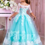 Off-shoulder rich white lace work mint blue floor length tulle skirt gown side view