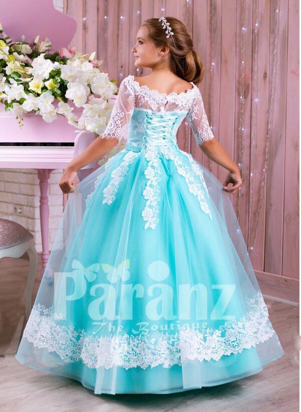 Off-shoulder rich white lace work mint blue floor length tulle skirt gown side view