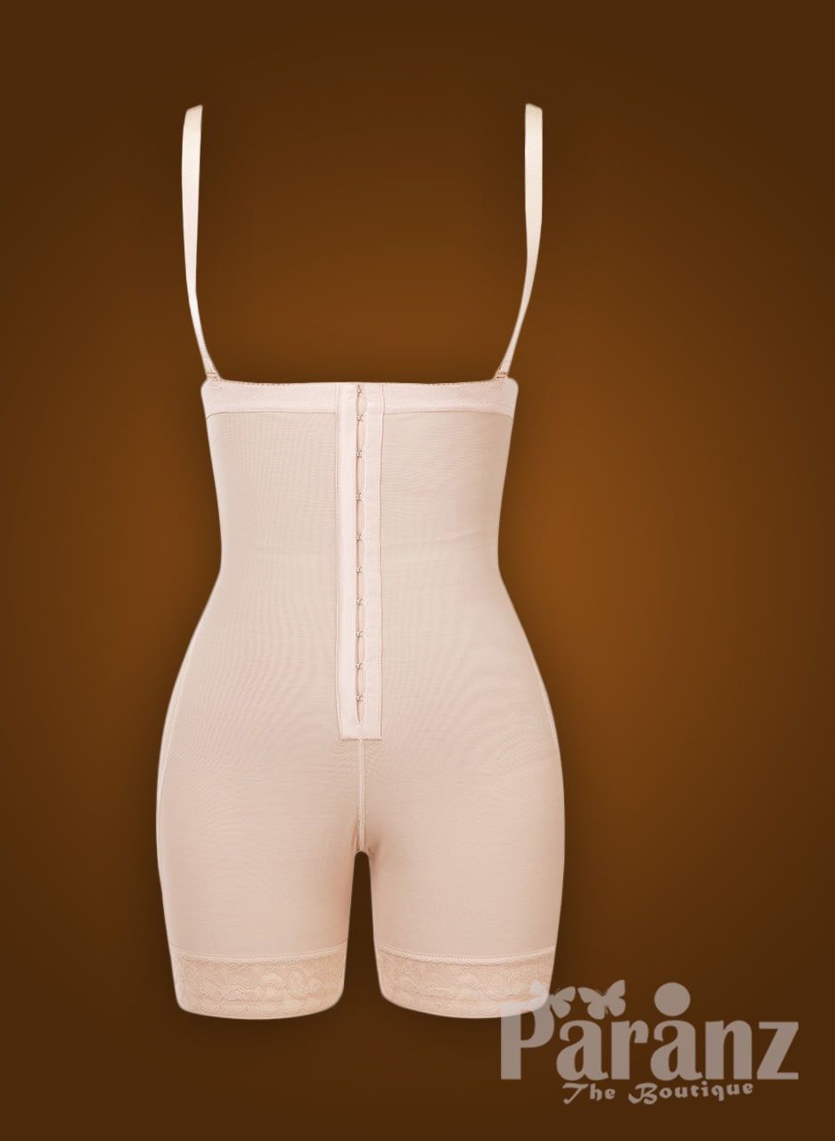 Sleek open-bust style strappy sleeve underwear body shaper with hook-zipper  closures
