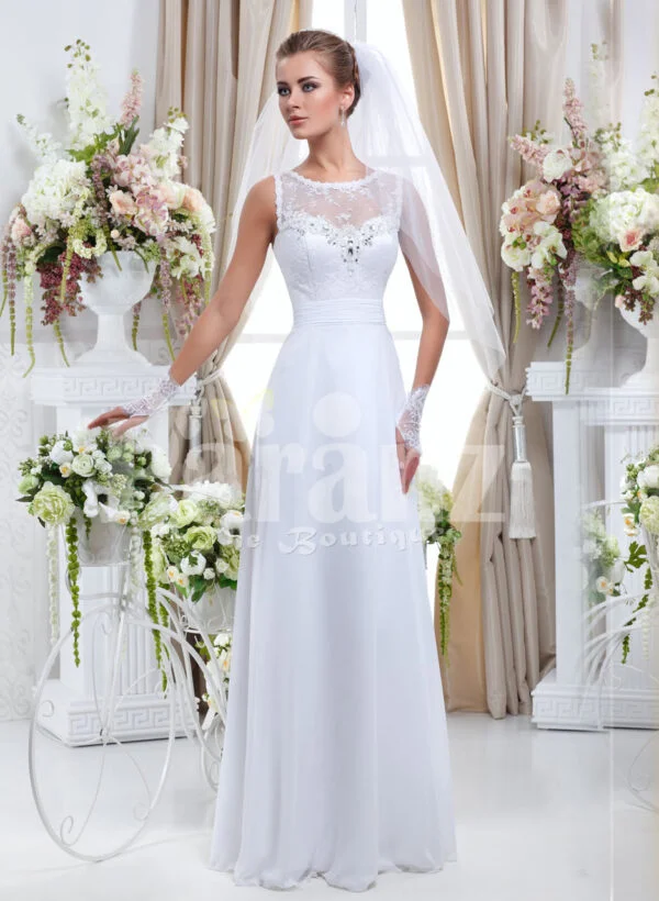 Paranz’s exclusive pearl white wedding gown with satin-sheer royal bodice for women