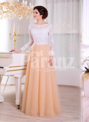 Paranz’s floor length elegant evening gown with royal white bodice and peachy orange tulle skirt