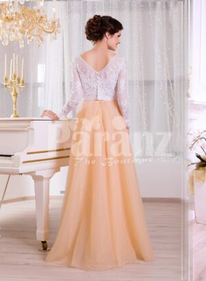 Paranz’s floor length elegant evening gown with royal white bodice and peachy orange tulle skirt back side view