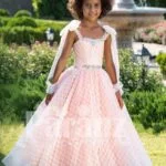 Peach pink unique sleeveless baby gown with flared tulle skirt and sheer overskirt