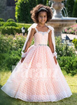 Peach pink unique sleeveless baby gown with flared tulle skirt and sheer overskirt