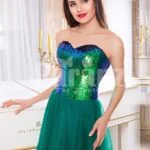 Peacock color off-shoulder bodice glam evening gown with long green tulle skirt