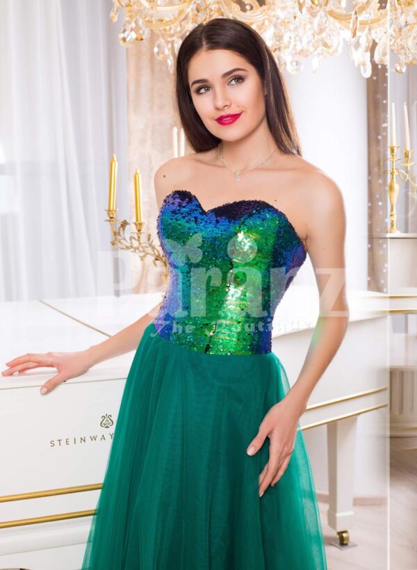 Peacock color off-shoulder bodice glam evening gown with long green tulle skirt