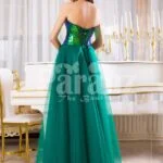 Peacock color off-shoulder bodice glam evening gown with long green tulle skirt back side view