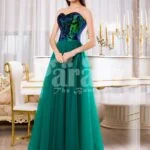 Peacock color off-shoulder bodice glam evening gown with long green tulle skirt for Women