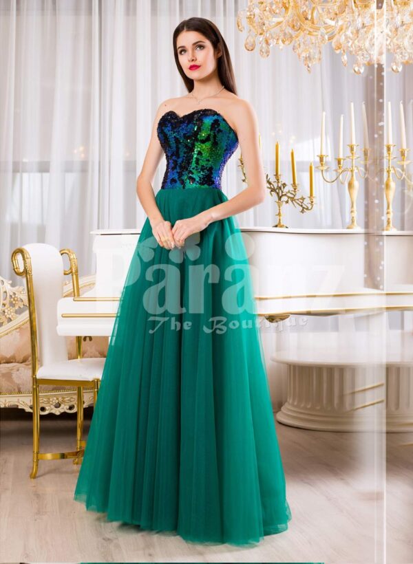 Peacock color off-shoulder bodice glam evening gown with long green tulle skirt for Women