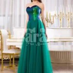 Peacock color off-shoulder bodice glam evening gown with long green tulle skirt for womens