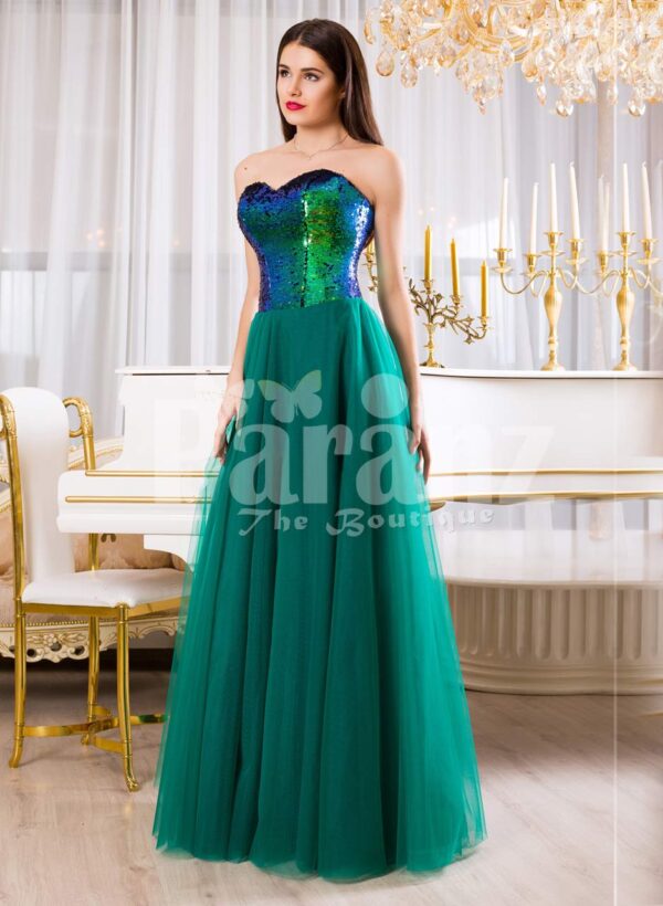 Peacock color off-shoulder bodice glam evening gown with long green tulle skirt for womens