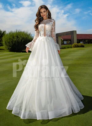 Pearl white elegant long and soft full sleeve wedding tulle gown