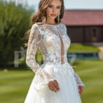 Pearl white elegant long and soft full sleeve wedding tulle gown close view