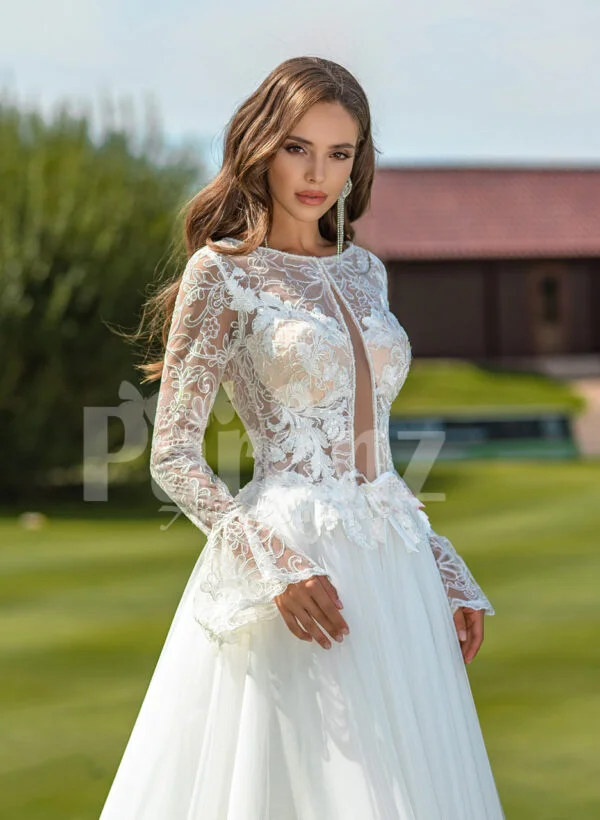 Pearl white elegant long and soft full sleeve wedding tulle gown close view