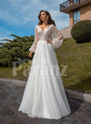 Pearl white glam tulle wedding gown with royal bodice and sleeves