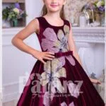 Pigmented burgundy floor length velvet dress with big flower prints