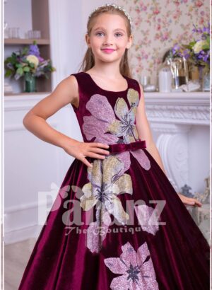 Pigmented burgundy floor length velvet dress with big flower prints