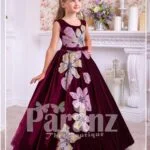 Pigmented burgundy floor length velvet dress with big flower prints for girls