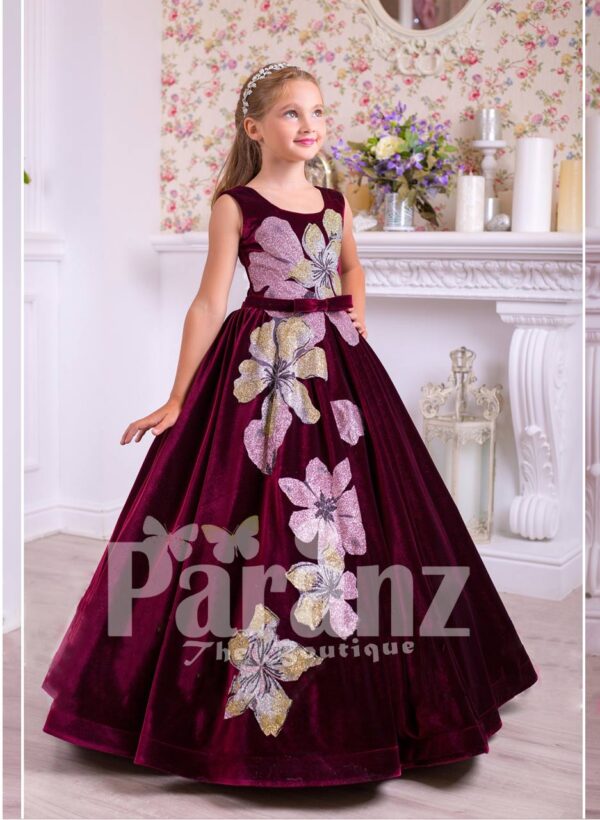Pigmented burgundy floor length velvet dress with big flower prints for girls