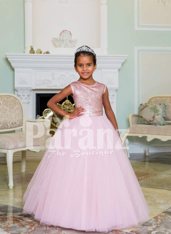 Pink glitz sleeveless bodice baby gown with flared and high volume tulle skirt