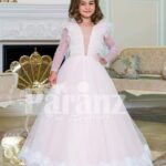 Powder pink floor length baby gown dress with full sheer sleeves and ruffle-feather bodice