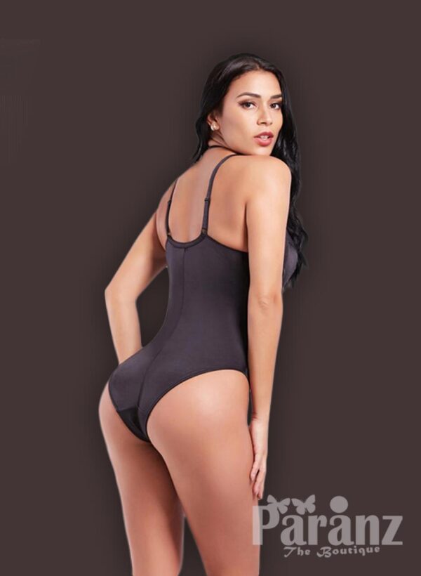 Pre cup attach high waist slimming strappy sleeve body shaper back side view