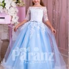 Princess Style flared tulle skirt sky blue gown with pearl white off-shoulder bodice