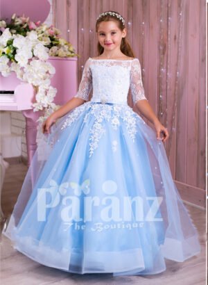 Princess Style flared tulle skirt sky blue gown with pearl white off-shoulder bodice