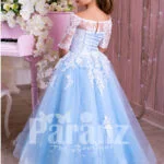 Princess Style flared tulle skirt sky blue gown with pearl white off-shoulder bodice back side view