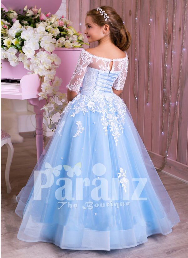 Princess Style flared tulle skirt sky blue gown with pearl white off-shoulder bodice back side view