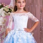 Princess Style flared tulle skirt sky blue gown with pearl white off-shoulder bodice for girls