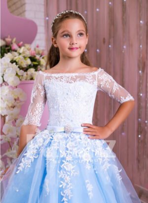 Princess Style flared tulle skirt sky blue gown with pearl white off-shoulder bodice for girls