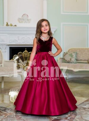 Purple velvet bodice exclusive baby gown with flared rich satin floor length gown in magenta