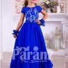 Rich royal blue delicate lace work floor length satin skirt party gown