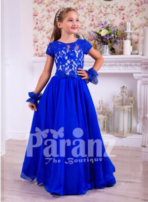 Rich royal blue delicate lace work floor length satin skirt party gown
