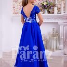 Rich royal blue delicate lace work floor length satin skirt party gown back side view