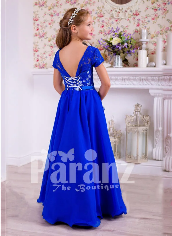 Rich royal blue delicate lace work floor length satin skirt party gown back side view