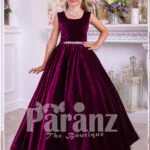 Rich satin floor length baby party gown with tulle skirt underneath and rhinestone waist belt for girls