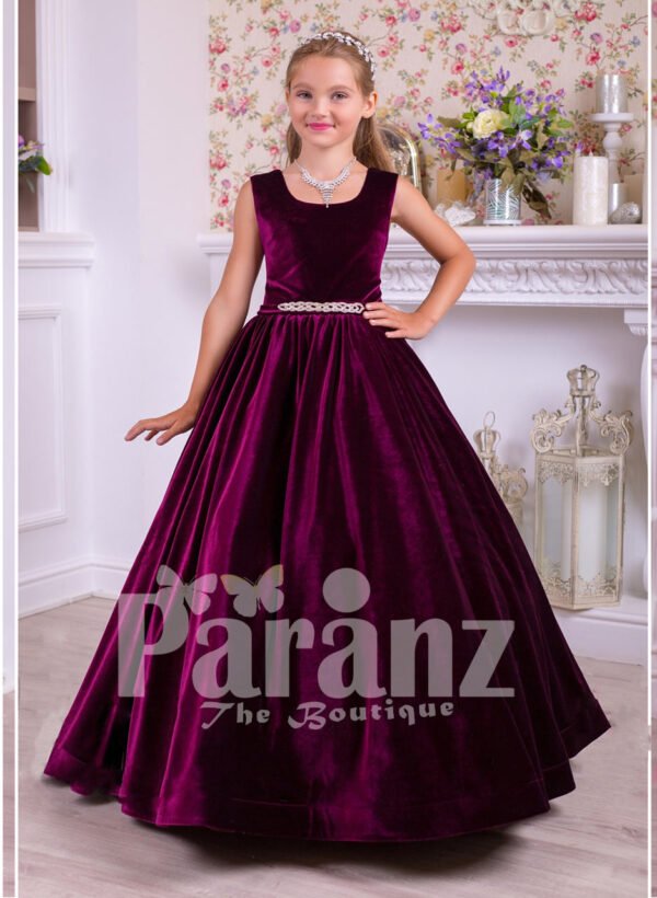 Rich satin floor length baby party gown with tulle skirt underneath and rhinestone waist belt for girls