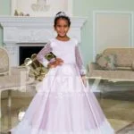 Rich satin full sleeve and white lace work floor length soft baby gown in light mauve